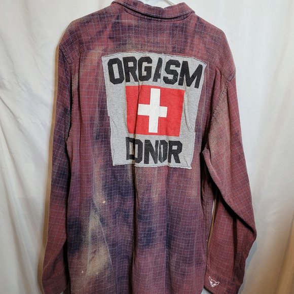 NSFW Orgasm Donor Flannel Shirt Upcycled Bleached Plaid Adult XL Tall - Picture 1 of 8